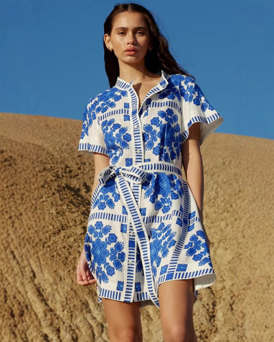 Summer casual women's fashion printed tie blouse dress
