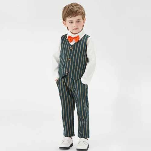 2025 children's clothing boy bow shirt striped vest suit pants children's fashion three-piece suit
