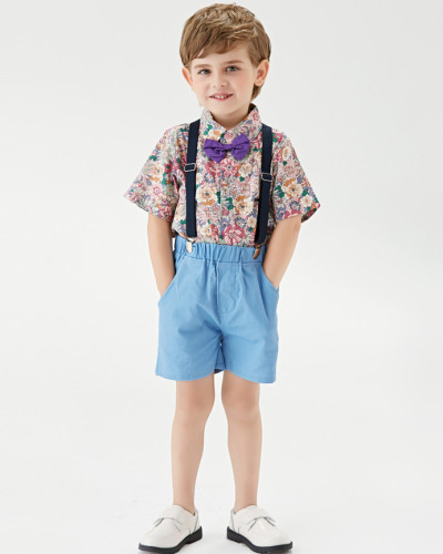 Boys summer two piece suit floral short-sleeved shirt overalls shorts kids clothes