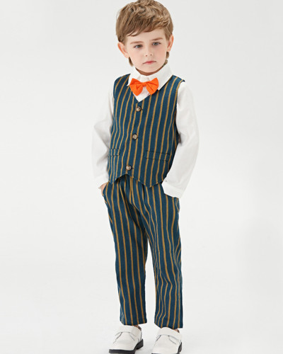2025 children's clothing boy bow shirt striped vest suit pants children's fashion three-piece suit