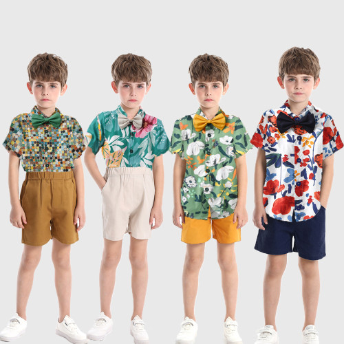 Summer short-sleeved floral shirt boy shorts casual two-piece set