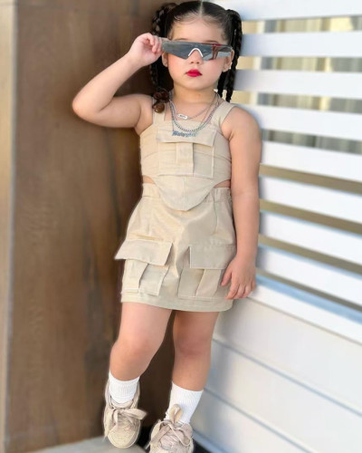 Girls' Fashion Casual Tube Top Suspender Multi-Pocket Short Skirt Two-Piece Set
