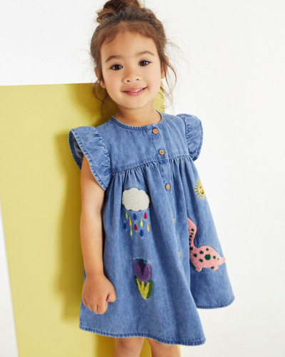 Girls Short Sleeve Denim Skirt Summer Children Skirt Applique Embroidery Cartoon Fashion Children Skirt