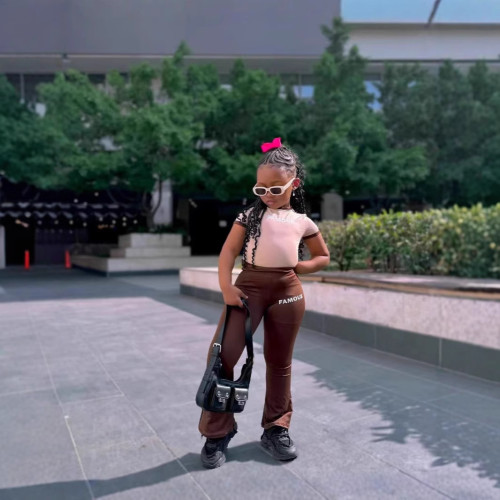 Children's clothing Spring Girls Color Block Print T-shirt Long Pants Short Sleeve Set