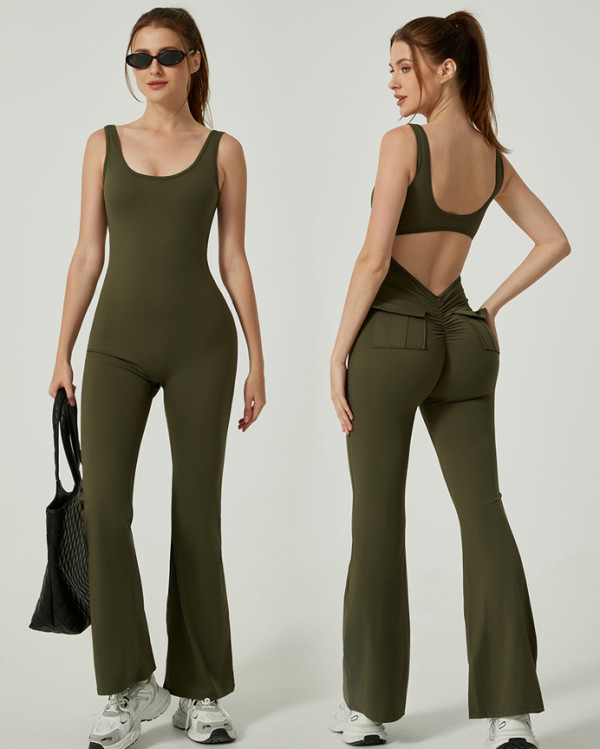 Yoga jumpsuit butt lift workwear hollow back pocket sports fitness jumpsuit