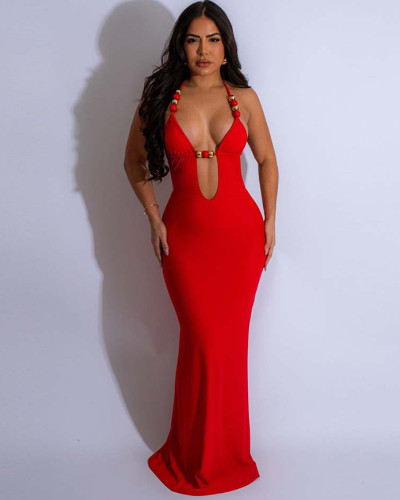 Sexy Deep V Neck Beaded Slim Evening Dress Backless Strapless Long Dress