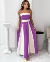Summer Women Strap Contrast Color High Waist Long Maxi Dress