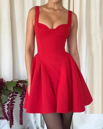 Summer women's fashion casual sleeveless solid color mini dress