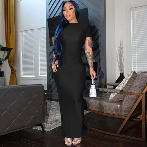 Summer solid color sexy short sleeve bodycon dress for women