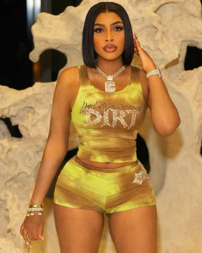 Women's Summer Diamond Print Vest Shorts Two Piece Set