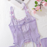 Sexy purple butterfly suit sexy see-through underwear three-piece set
