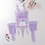 Sexy purple butterfly suit sexy see-through underwear three-piece set