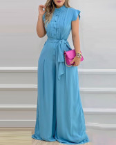 Fashionable women's blue loose jumpsuit with belt