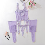Sexy purple butterfly suit sexy see-through underwear three-piece set