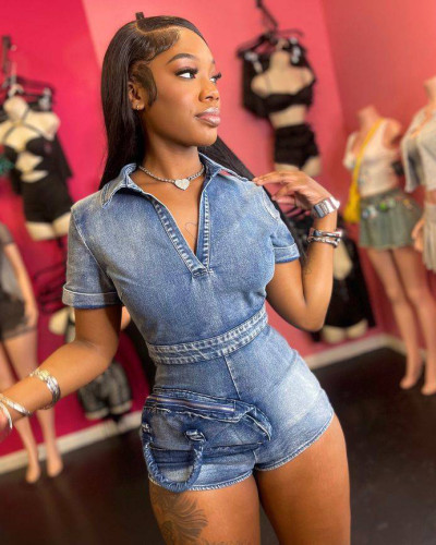 Denim jumpsuit washed elastic 3D pocket women rompers