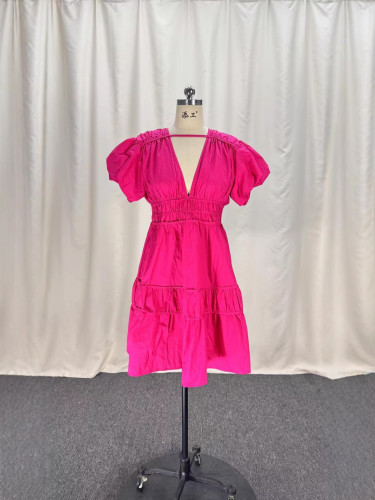 Women's cotton V-neck puff sleeve pleated waist slim short dress