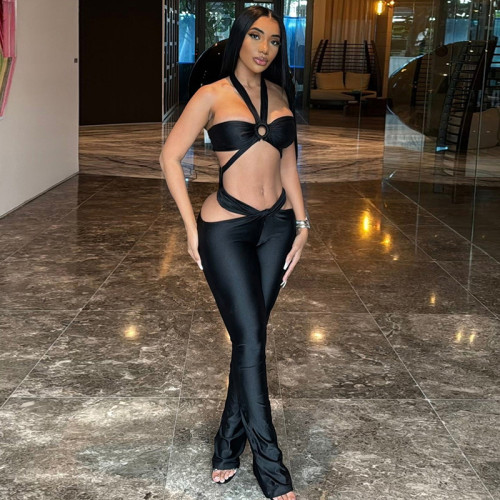 Fashion Party Strap Solid Color Slim Sexy Short Tube Top Trousers Set