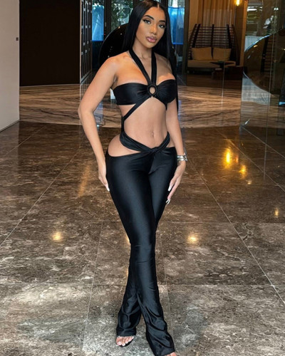 Fashion Party Strap Solid Color Slim Sexy Short Tube Top Trousers Set