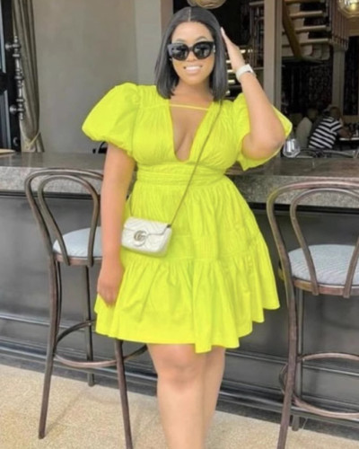 Women's cotton V-neck puff sleeve pleated waist slim short dress