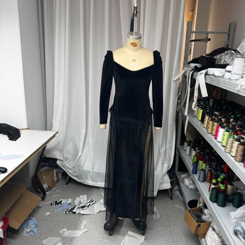 Women's long-sleeved chiffon lace patchwork solid color evening dress