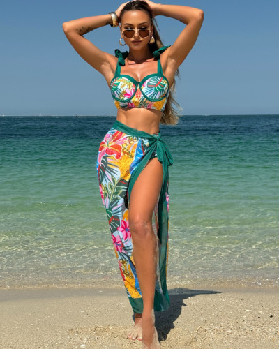 Women's sexy floral printed three-piece beach swimsuit