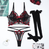 Women's high-end embroidered floral hollow out three-piece stockings sexy lingerie set