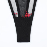 Women's high-end embroidered floral hollow out three-piece stockings sexy lingerie set