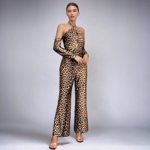 Women's Halter Neck Leopard Print High Waist Straight Leg Jumpsuit