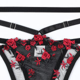 Women's high-end embroidered floral hollow out three-piece stockings sexy lingerie set