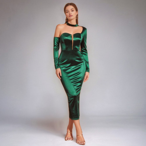 Women's green one-shoulder back slit high waist cocktail evening party midi dress