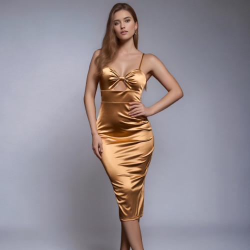 Women's Gold V-neck Slit High Waist Cocktail Party Midi Dress