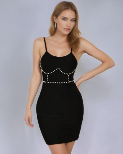 Women's Black Beaded High Waist Party Dress