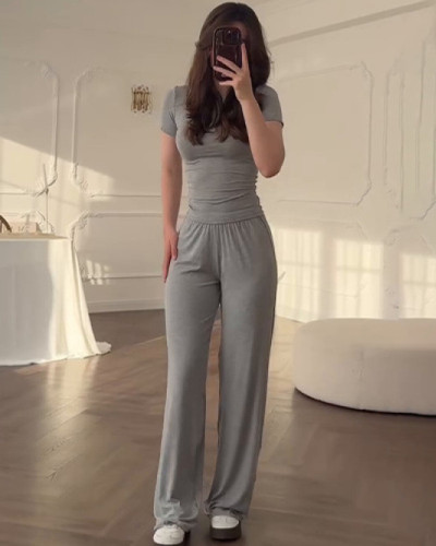 Women's Fashion Round Neck Slim Fit Casual Loose Elastic Wide Leg Pants Set