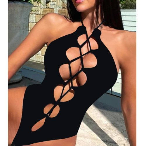 Women's swimsuit hollow out lace-up sexy one-piece black tight swimsuit
