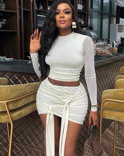 Women's solid color round neck crop top ribbon skirt set