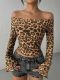 Women's Sexy Off Shoulder Long Sleeve T-Shirt Leopard Print Mesh Top