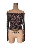 Women's Sexy Off Shoulder Long Sleeve T-Shirt Leopard Print Mesh Top