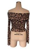 Women's Sexy Off Shoulder Long Sleeve T-Shirt Leopard Print Mesh Top