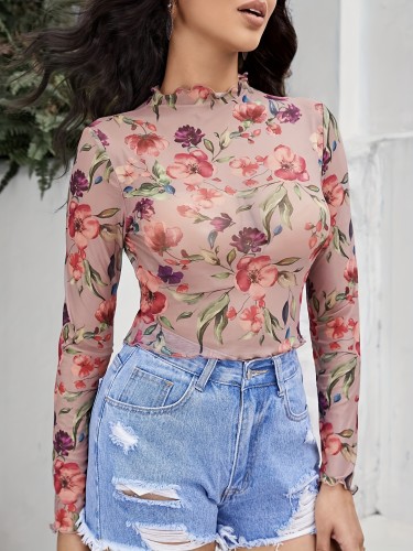 Women's Elegant Mesh Printed Ruffled Long Sleeve T-shirt Slimming Top