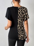 Women's leopard print asymmetric collar butterfly sleeve patchwork top