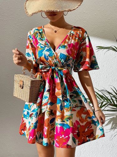 Womens Elegant Floral Print Cross Neck Belted Dress