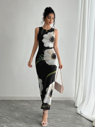 Women's black mesh printed sleeveless long dress