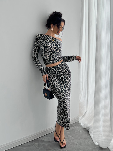 Women's sexy leopard print two piece fitted maxi skirt set