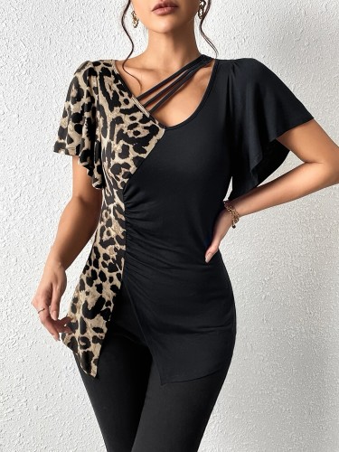 Women's leopard print asymmetric collar butterfly sleeve patchwork top