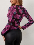 Women's elegant flower print stand collar mesh ruffled top
