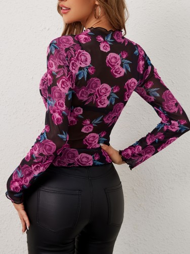 Women's elegant flower print stand collar mesh ruffled top