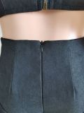 Casual strap top shorts movable buckle denim two-piece set