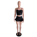 Casual strap top shorts movable buckle denim two-piece set