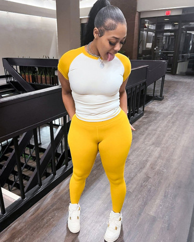 Fashion women's clothing contrast color slim fit yoga wear high waist fitness long sleeve casual suit