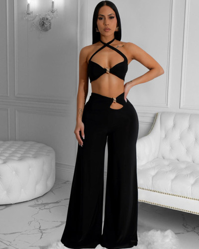 Fashion women's solid color sexy tube top trousers two piece set